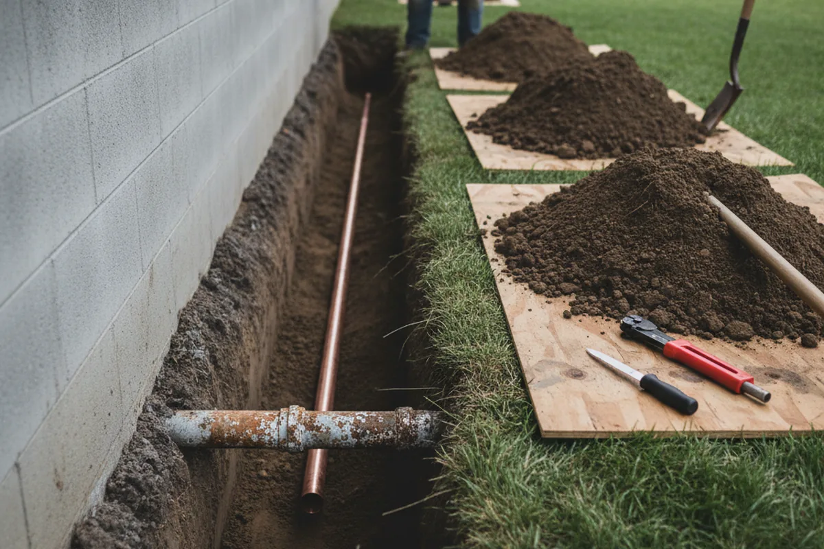 Excavated water line trench during Sewer Line Repair in Yoder